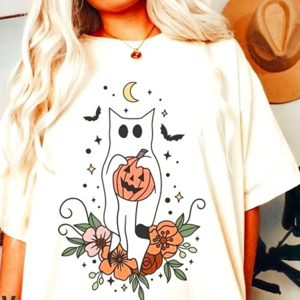 Floral Ghost Cat Halloween Tshirt Halloween Ghost Tshirt Halloween Ghost Cat